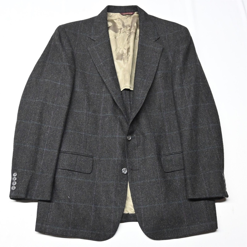 Vtg Bespoke 44L Brown Windowpane Tweed Wool Mens‎ Blazer Sport Coat Jacket
